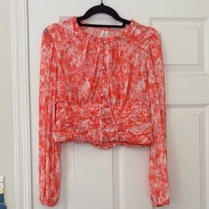 Anthropologie Femme Ruched Long Sleeve Button Down Watercolor Patterned Crop Top